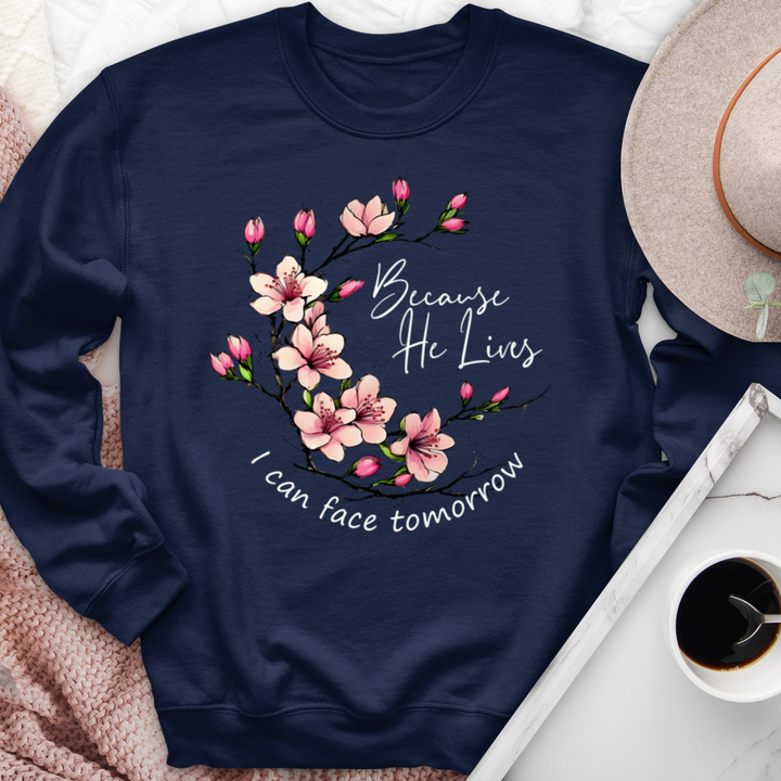 Because He Lives Pink Flowers Crewneck