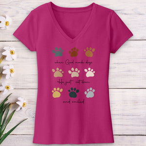 When God Created Dogs Paw Prints V-Neck Tee