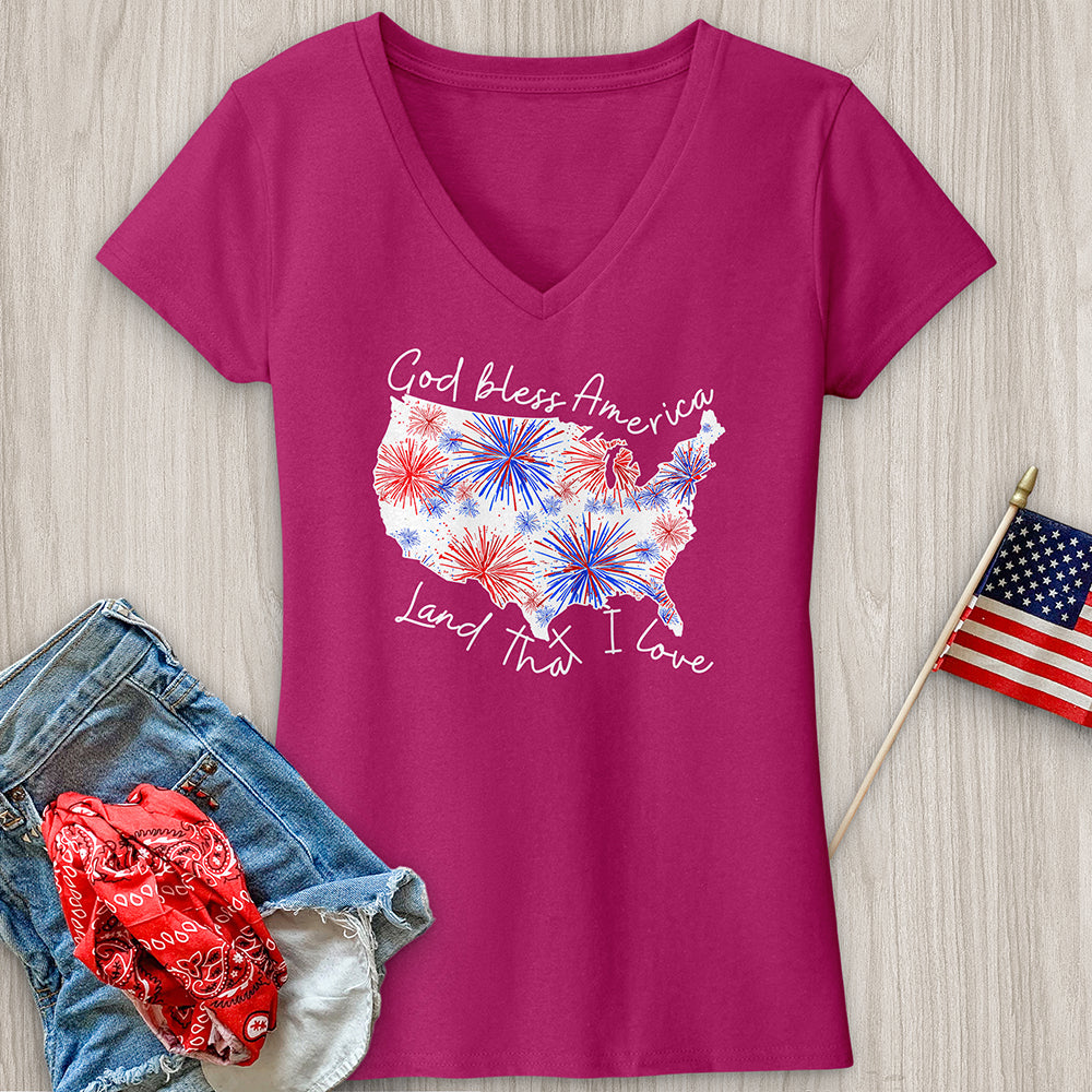 God Bless Fireworks Variation W V-Neck Tee