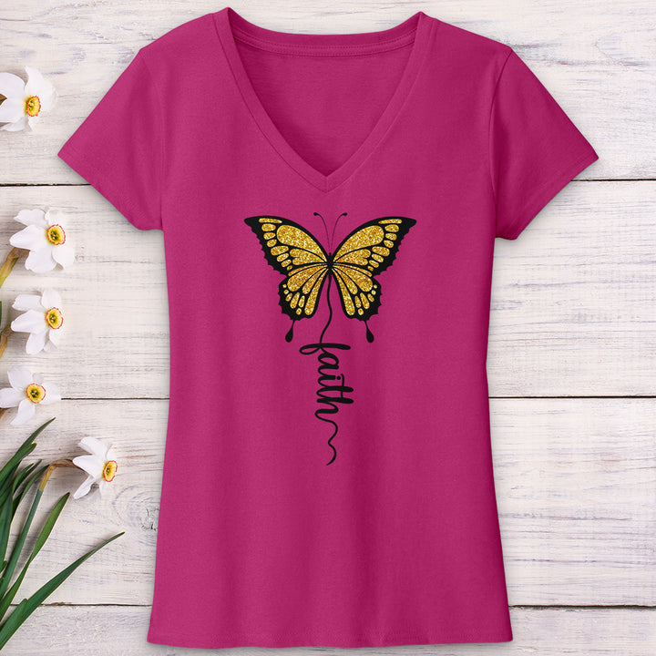 Gold Faith Butterfly V-Neck Tee