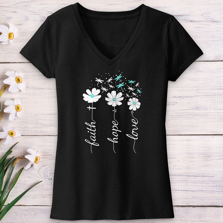 Faith Hope Love Dragonfly Floral V-Neck Tee