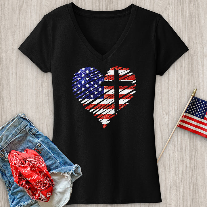 USA Heart and Cross V-Neck Tee