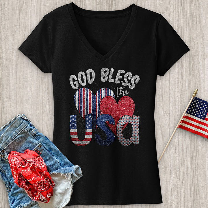 God Bless USA Sparkling V-Neck Tee