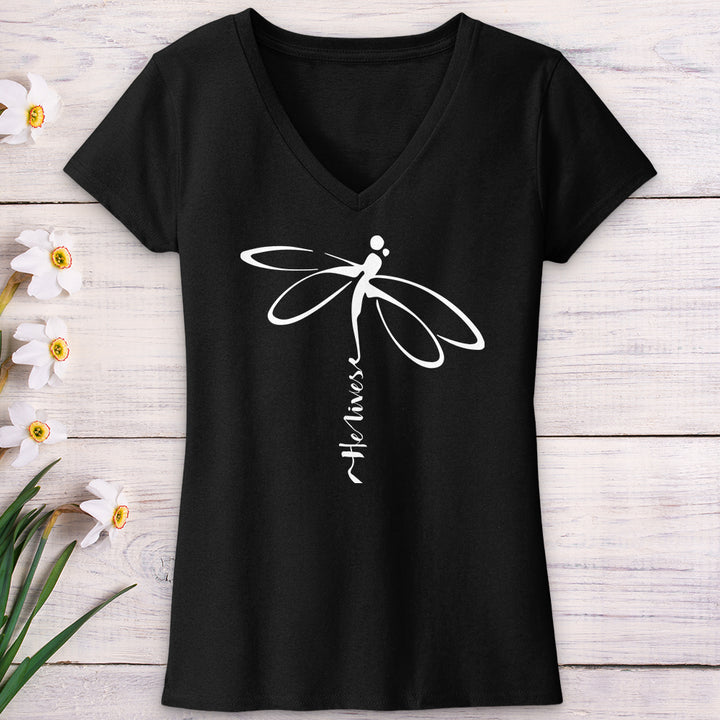 He Lives Dragonfly White V-Neck Tee