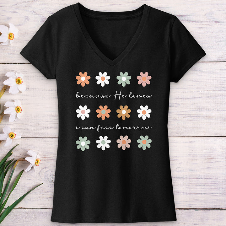 Because He Lives Boho Flowers V-Neck Tee