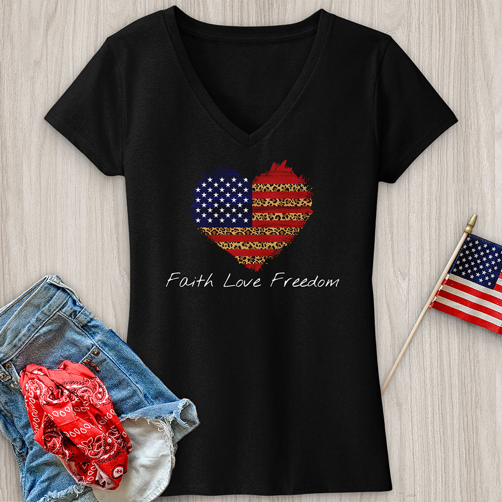 Faith Love Freedom Leopard Heart V-Neck Tee