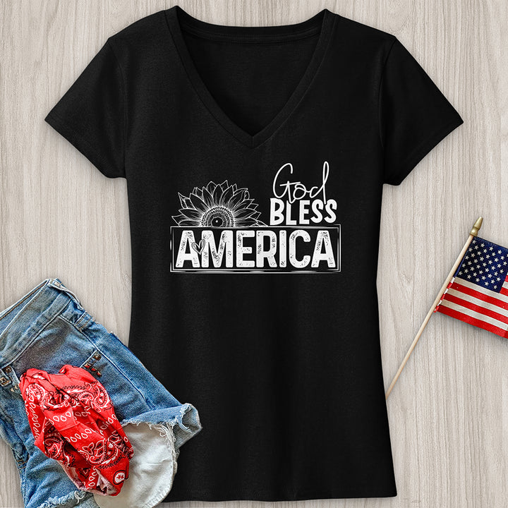 God Bless Sunflower Art V-Neck Tee