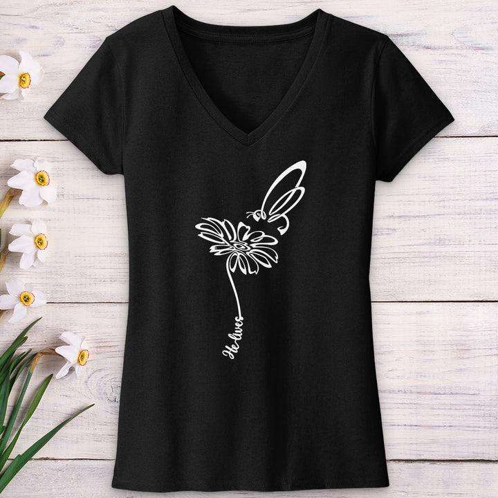 He Lives Bee Flower V-Neck Tee