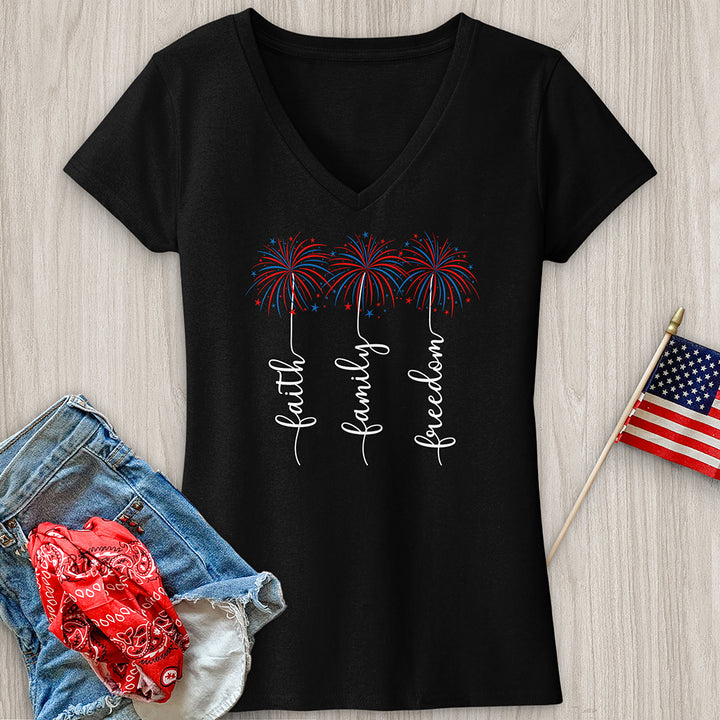 Faith Family Fireworks Art V-Neck Tee