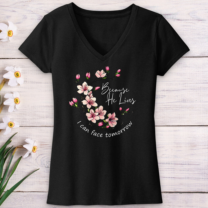 Because He Lives Pink Flowers V-Neck Tee