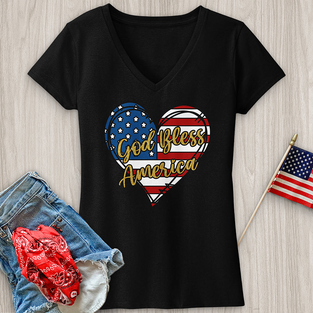 God Bless Gold Letters V-Neck Tee