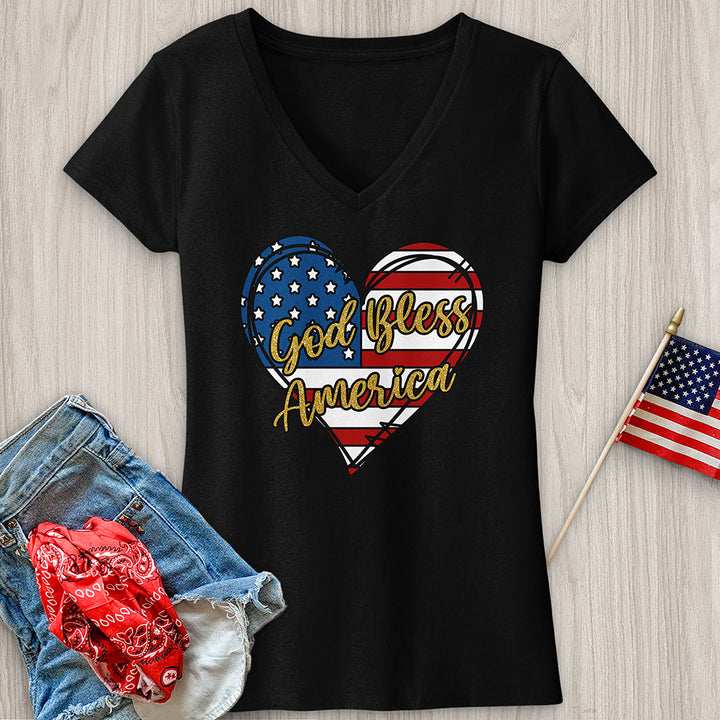 God Bless Gold Letters V-Neck Tee