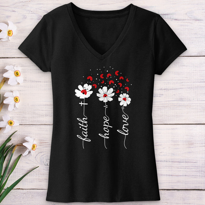 Faith Lady Bug Flowers V-Neck Tee