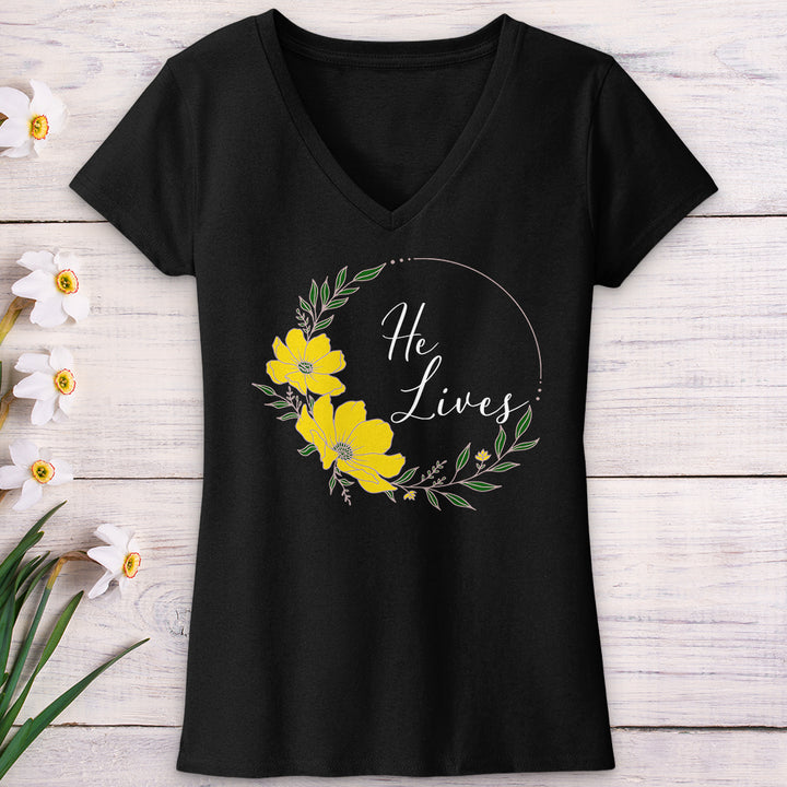 He Lives Flower Wreath V-Neck Tee