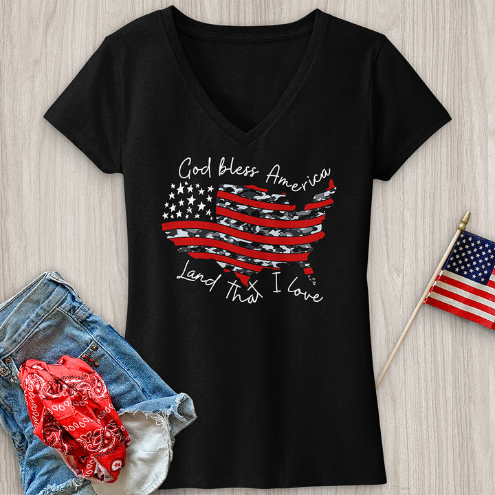 God Bless America Camo USA V-Neck Tee