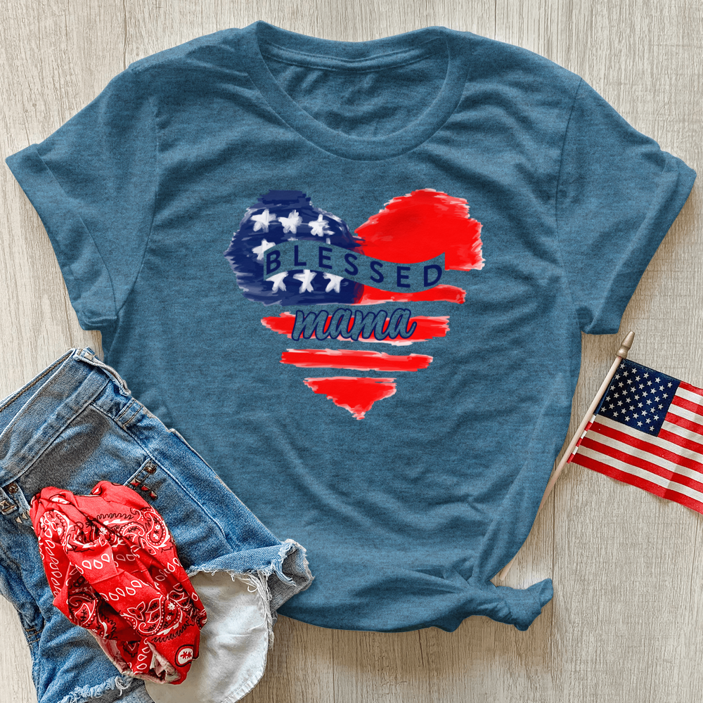 Blessed Mama USA Heart Heathered Tee