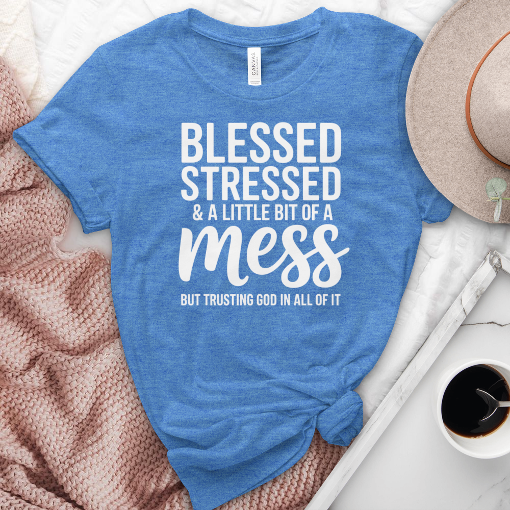 Blessed Stressed & A Little Bit Of A Mess Heathered  Tee