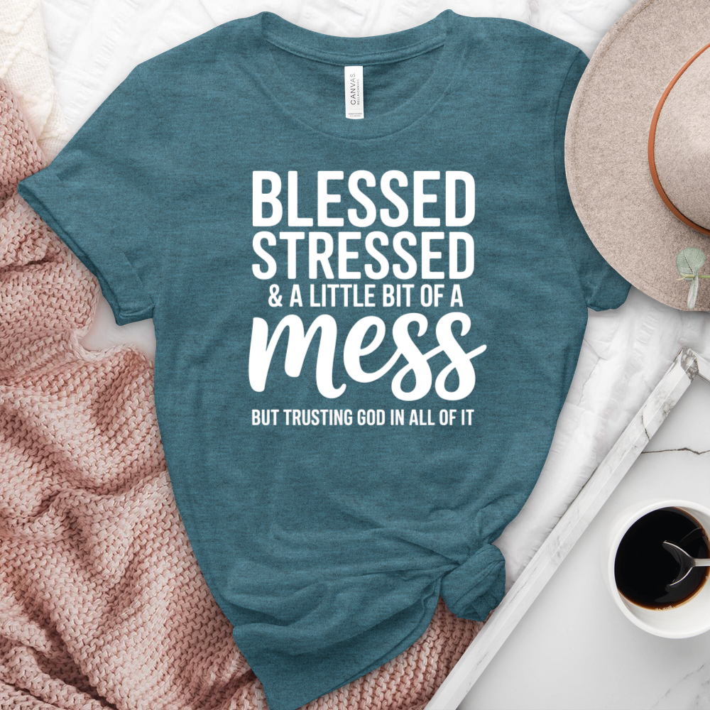 Blessed Stressed & A Little Bit Of A Mess Heathered  Tee