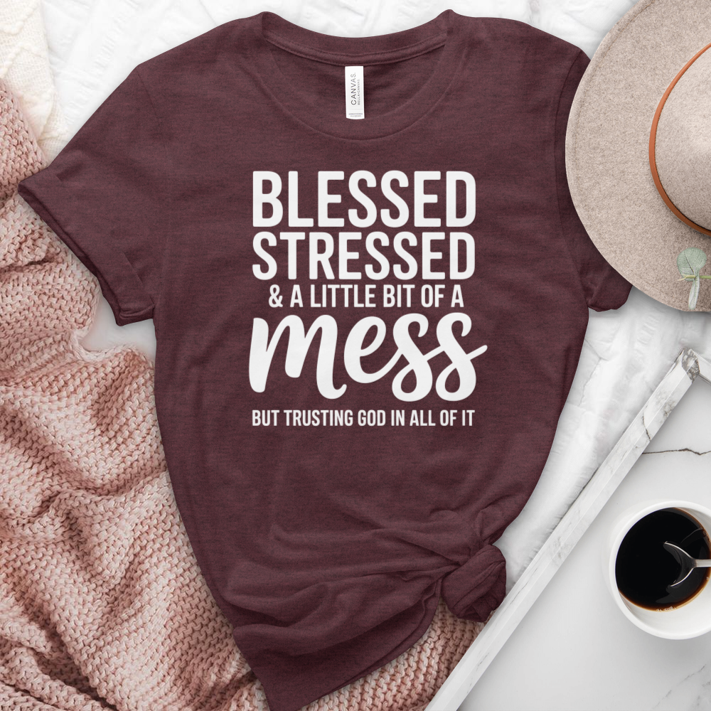 Blessed Stressed & A Little Bit Of A Mess Heathered  Tee