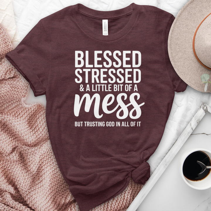 Blessed Stressed & A Little Bit Of A Mess Heathered  Tee
