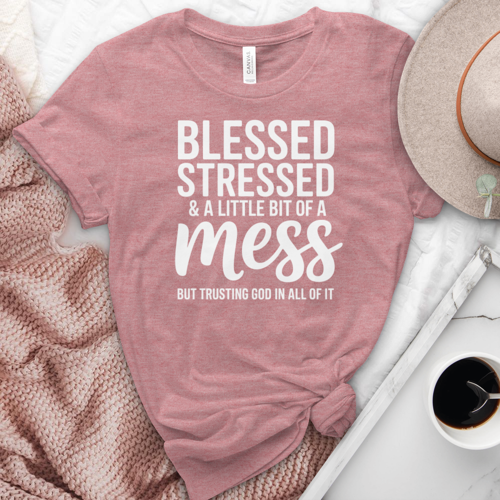 Blessed Stressed & A Little Bit Of A Mess Heathered  Tee