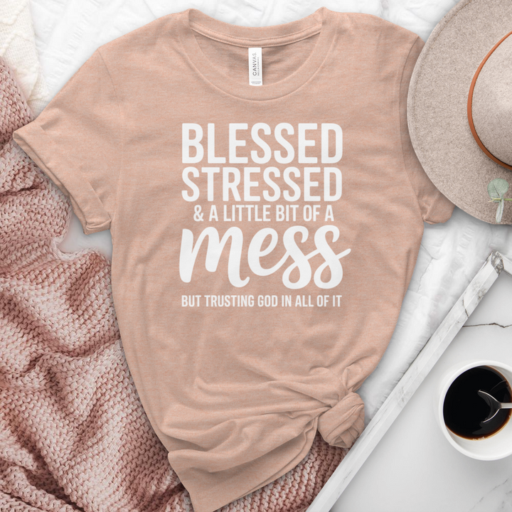 Blessed Stressed & A Little Bit Of A Mess Heathered  Tee