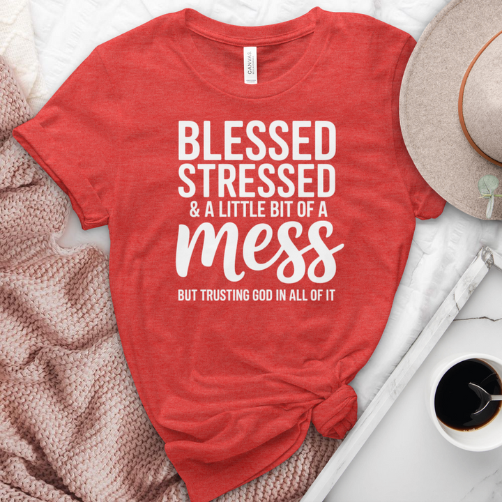 Blessed Stressed & A Little Bit Of A Mess Heathered  Tee