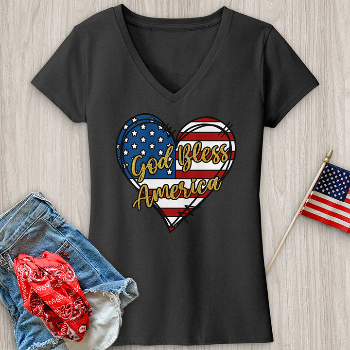 God Bless Gold Letters V-Neck Tee