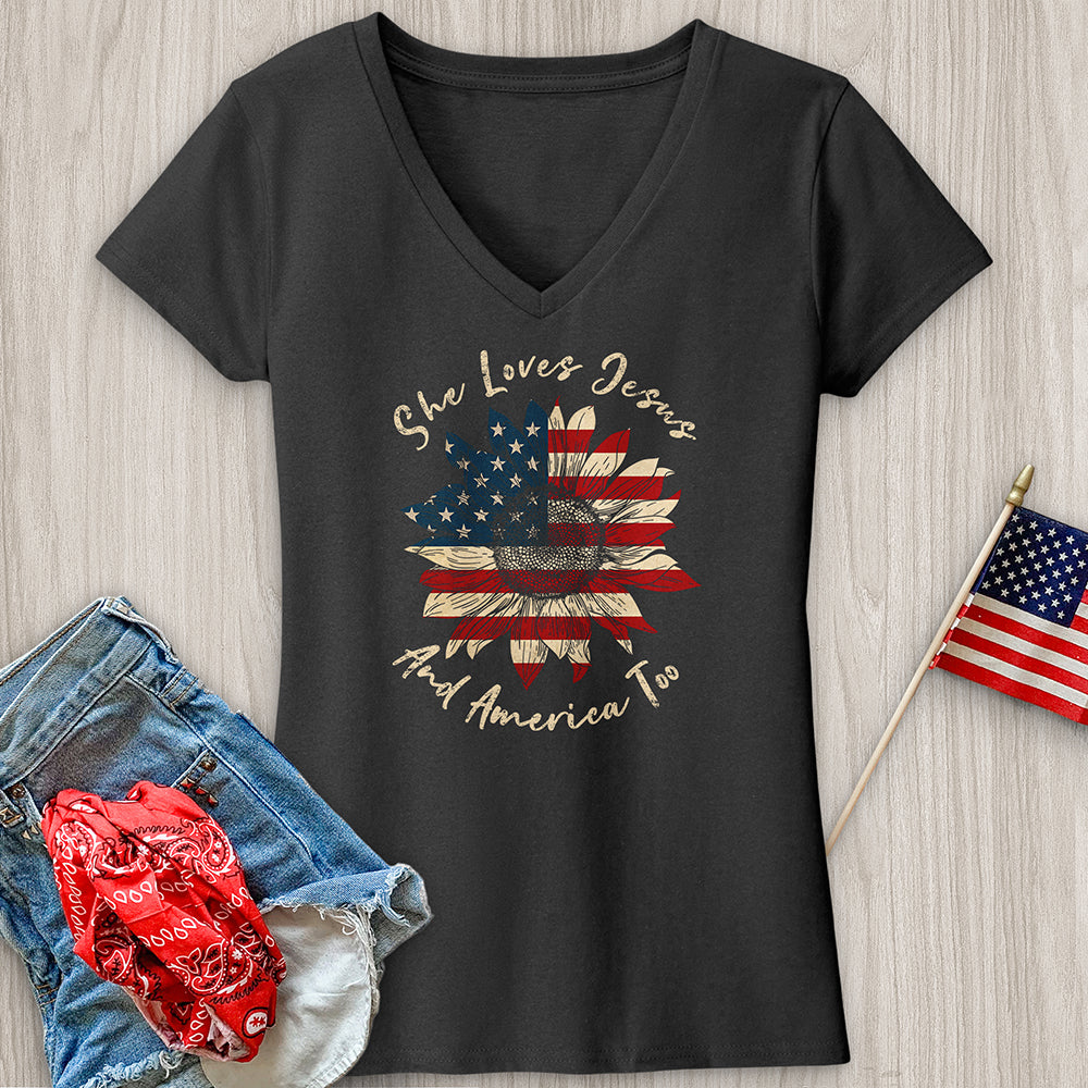 She Loves Jesus V-Neck Tee