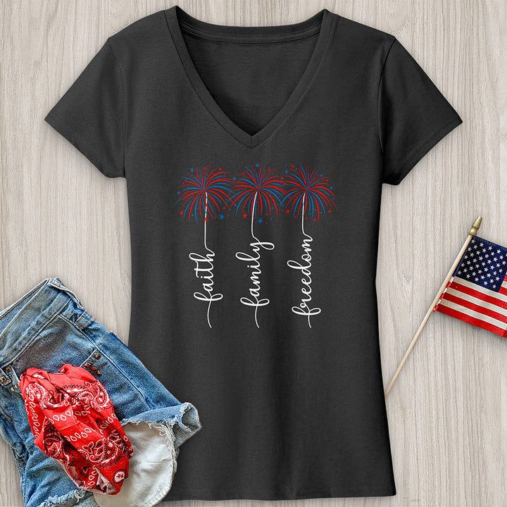 Faith Family Fireworks Art V-Neck Tee