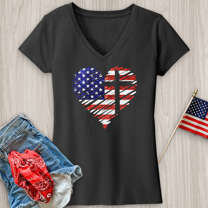 USA Heart and Cross V-Neck Tee