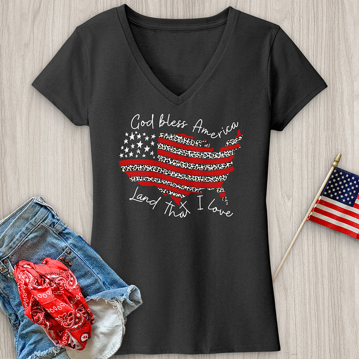 God Bless America Leopard V-Neck Tee