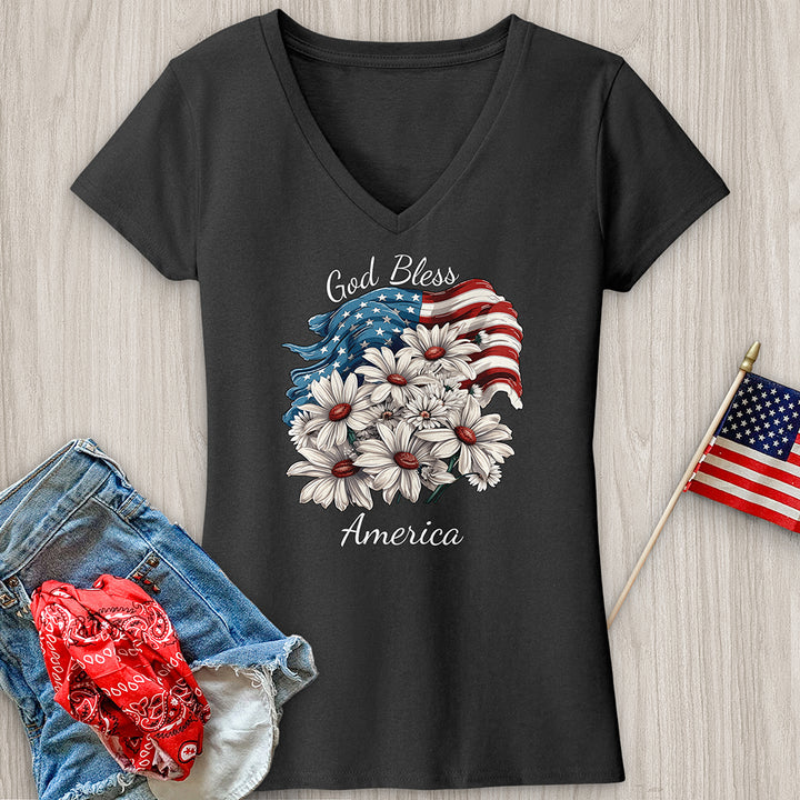 Waving American Flag With Daisies V-Neck Tee