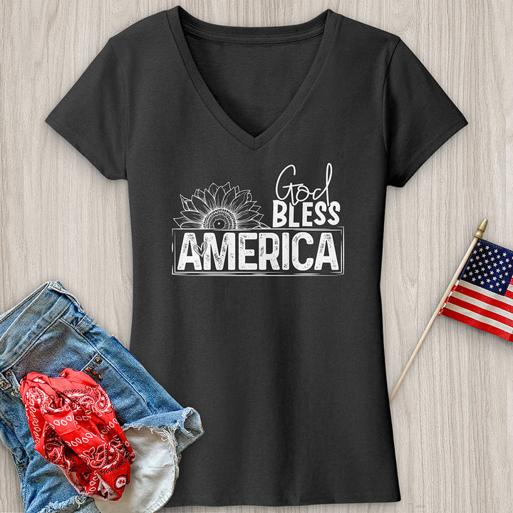 God Bless Sunflower Art V-Neck Tee