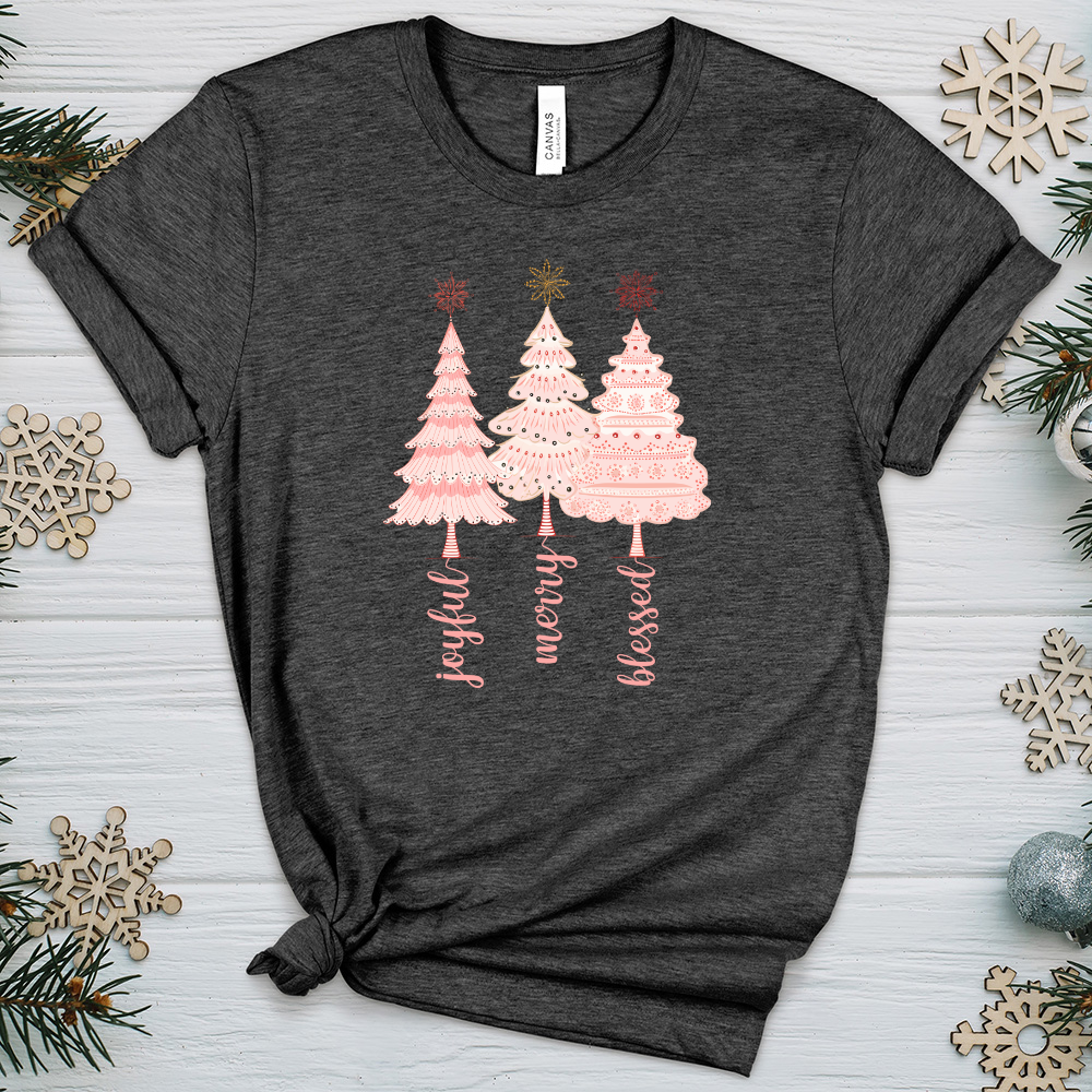 Vintage Snowflake Pink Tree Trio Heathered Tee