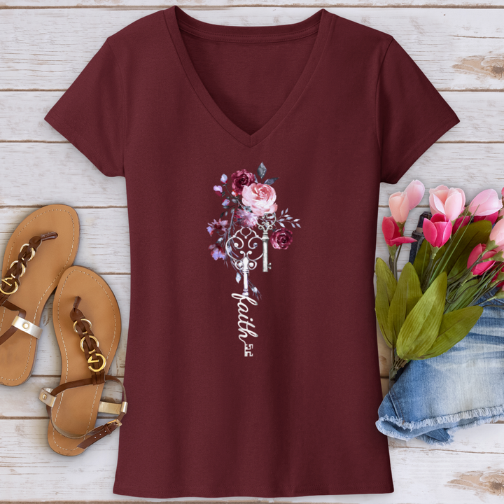 Faith Floral Key V-Neck Tee