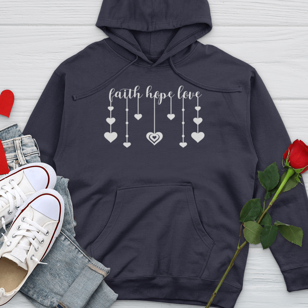 Faith Hope Love Dangling Hearts Midweight Hooded Sweatshirt