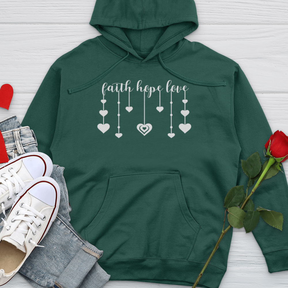 Faith Hope Love Dangling Hearts Midweight Hooded Sweatshirt