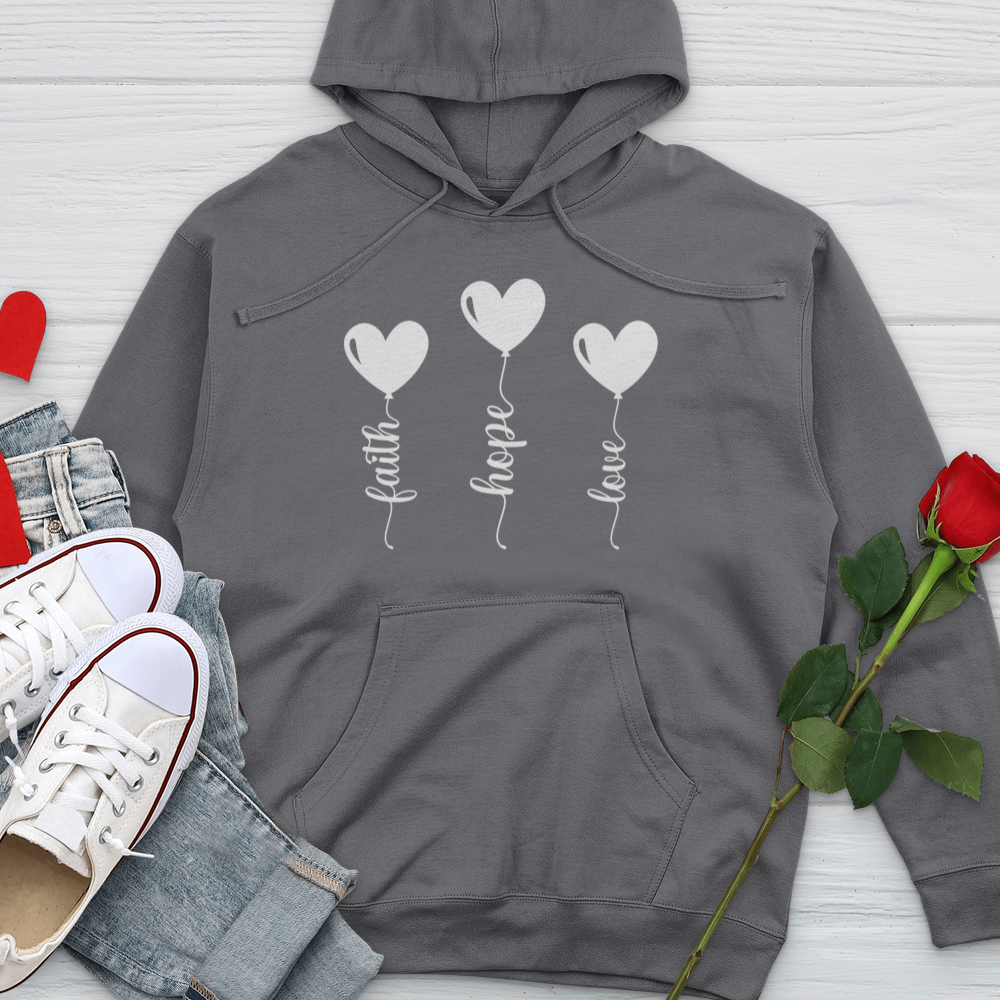 Faith Hope Love Heart Balloons White Midweight Hooded Sweatshirt