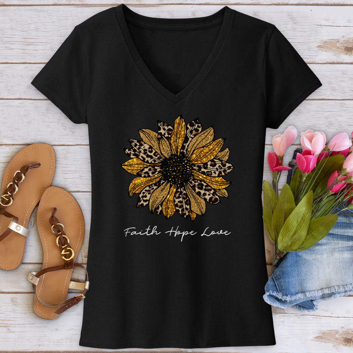 Faith Hope Love Leopard Sunflower V-Neck Tee