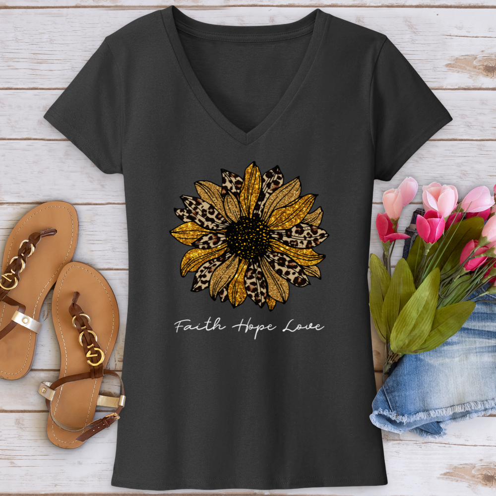 Faith Hope Love Leopard Sunflower V-Neck Tee