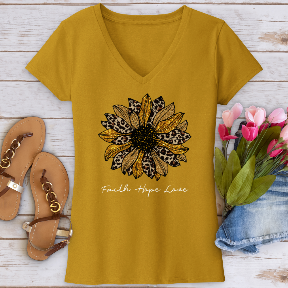 Faith Hope Love Leopard Sunflower V-Neck Tee