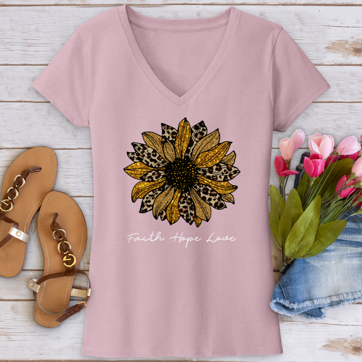 Faith Hope Love Leopard Sunflower V-Neck Tee