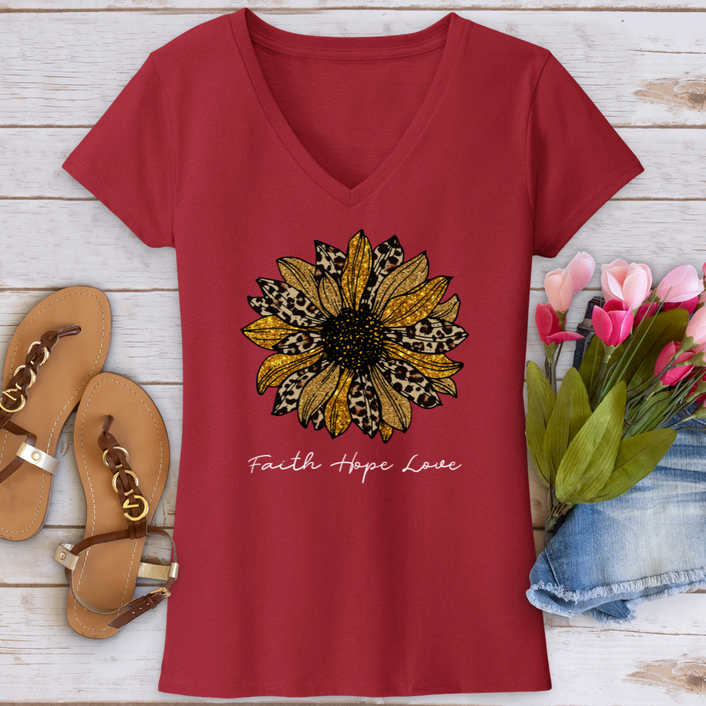 Faith Hope Love Leopard Sunflower V-Neck Tee