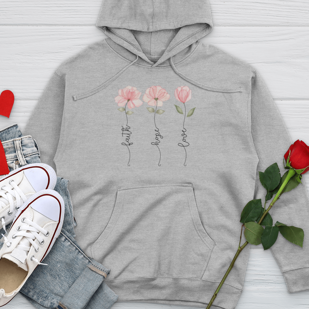 Faith Hope Love Pink Roses Midweight Hooded Sweatshirt