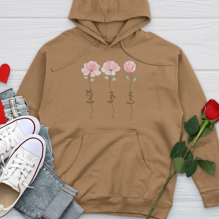 Faith Hope Love Pink Roses Midweight Hooded Sweatshirt