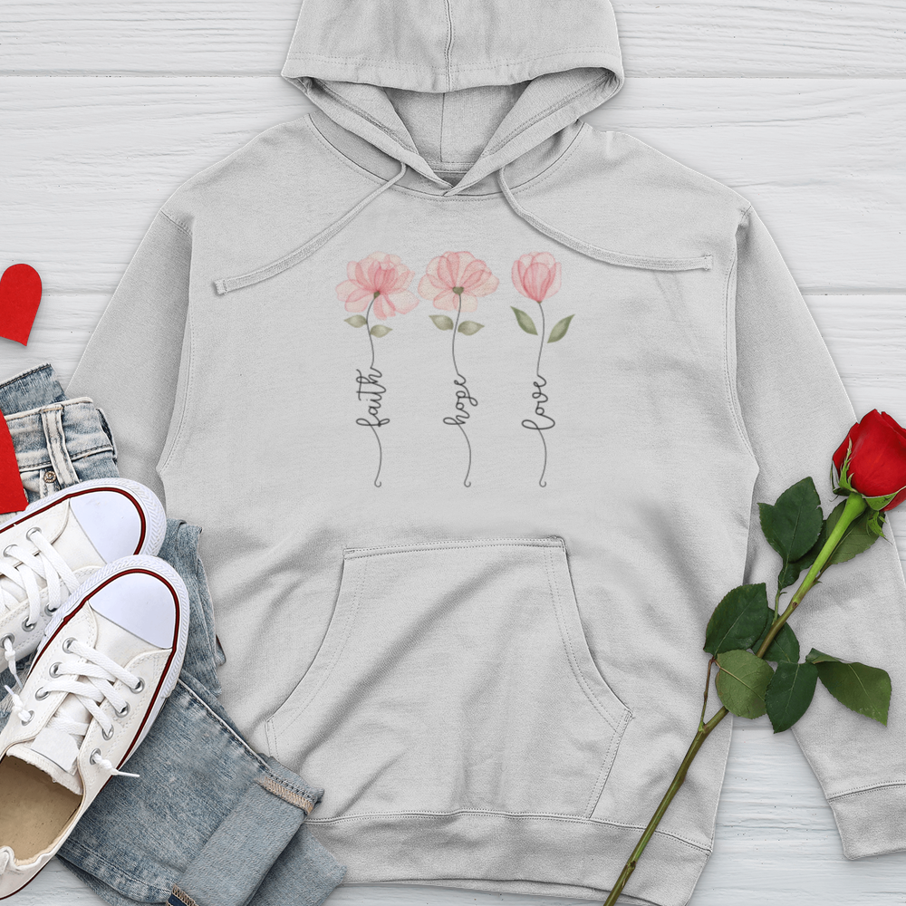 Faith Hope Love Pink Roses Midweight Hooded Sweatshirt