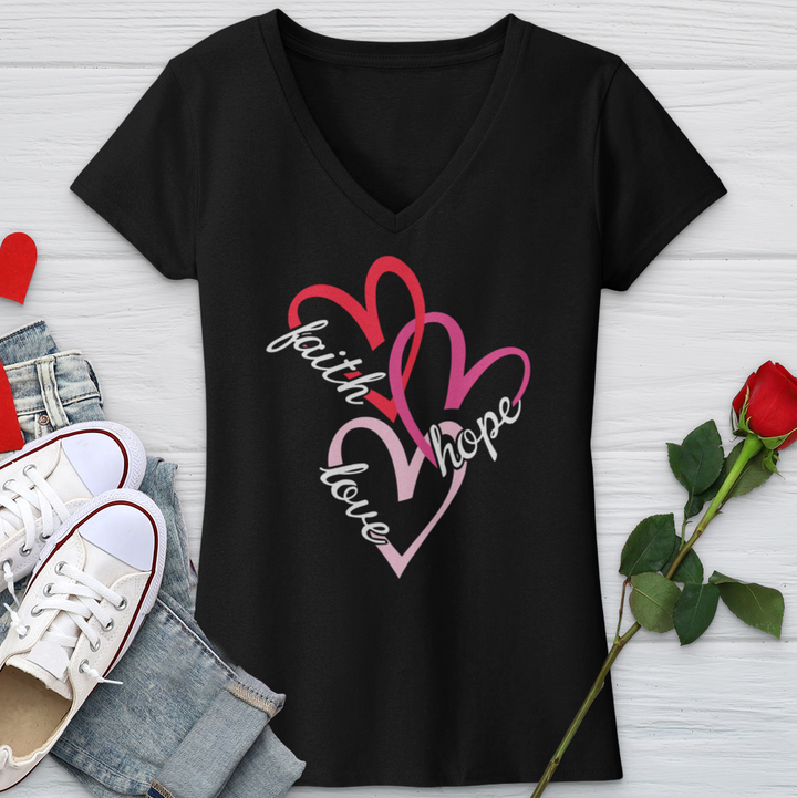 Faith Hope Love 3 Hearts V-Neck Tee