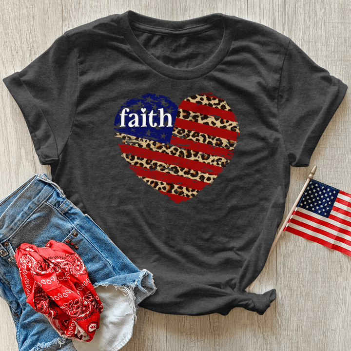 Faith Leopard Flag Heart Heathered Tee