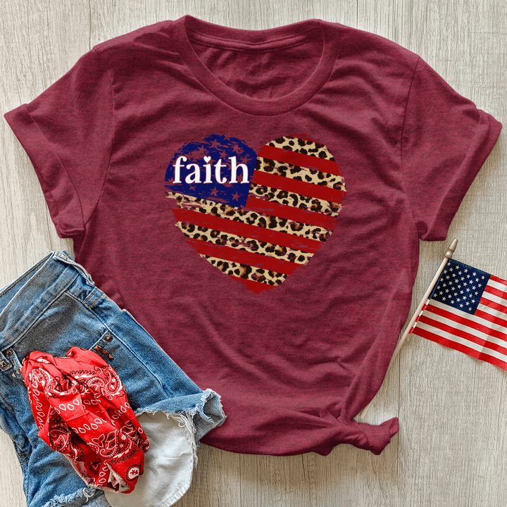 Faith Leopard Flag Heart Heathered Tee